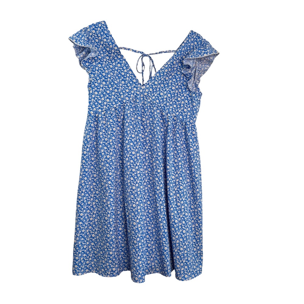 SHEIN Blue Floral Ruffle Sleeve Tie Back Mini Dress Medium
